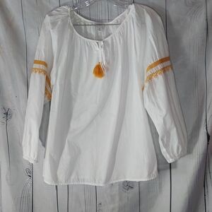 J.Crew Factory 100% Cotton White and Yellow Embroidery Women's Top With Tassels